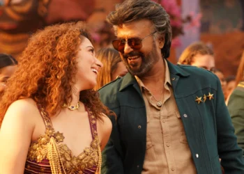 A still from Kaavaalaa, showing Tamannah and Rajnikanth