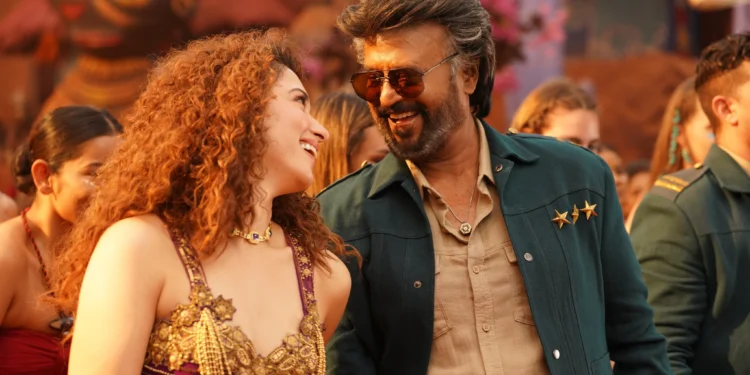 A still from Kaavaalaa, showing Tamannah and Rajnikanth